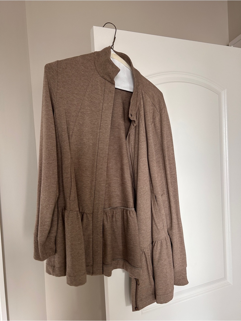 CAbi Taupe Peplum Knit Jacket